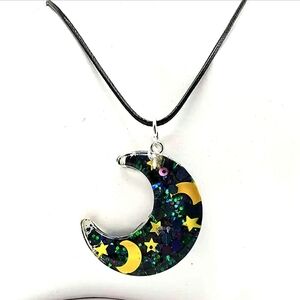DOUBLE SIDED Dark Black Green Sparkle Floating Gold Star Moon Necklace